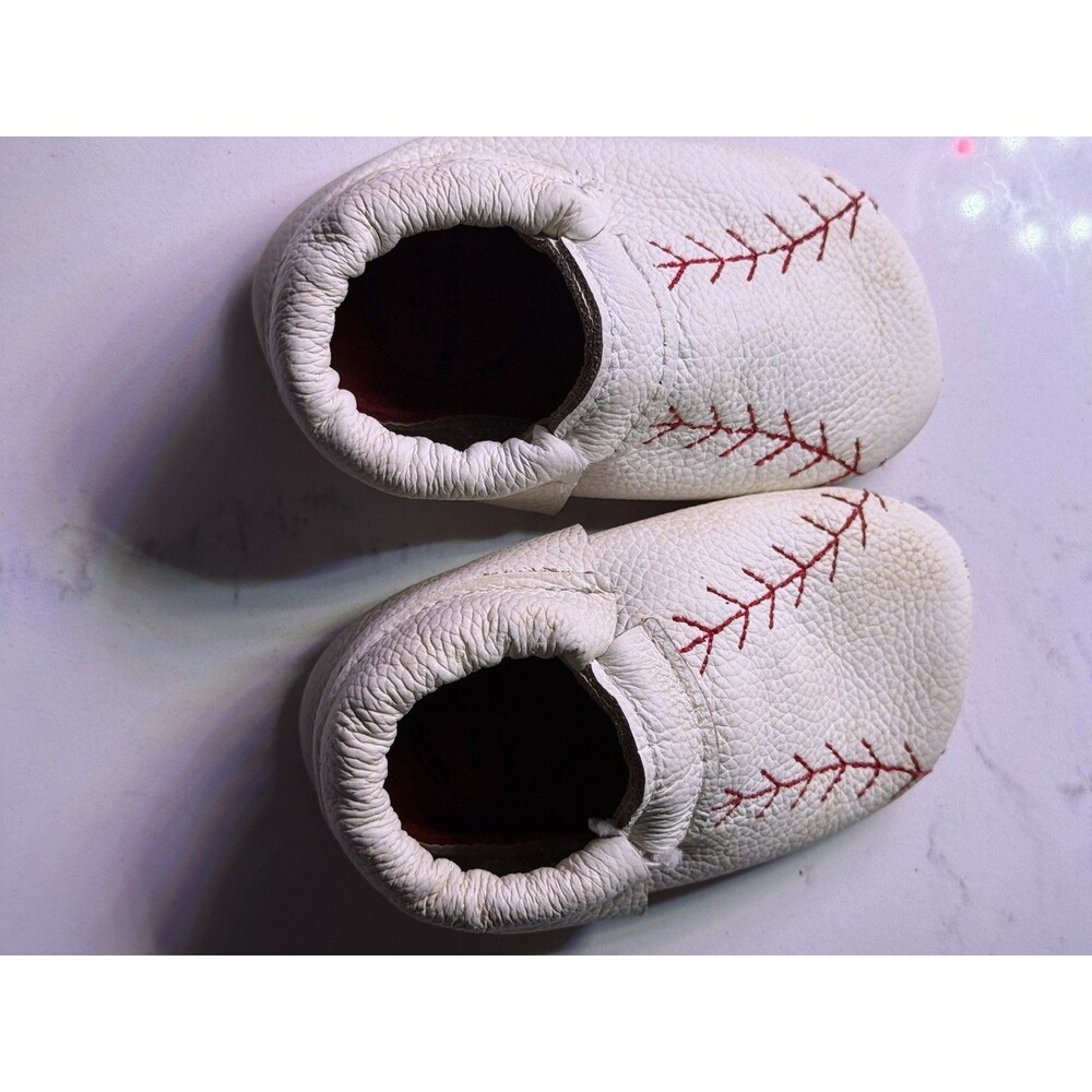 Birdrock Baby Home Run Baby  Moccasins Baseball So Cute! Sz 5.5 White Red